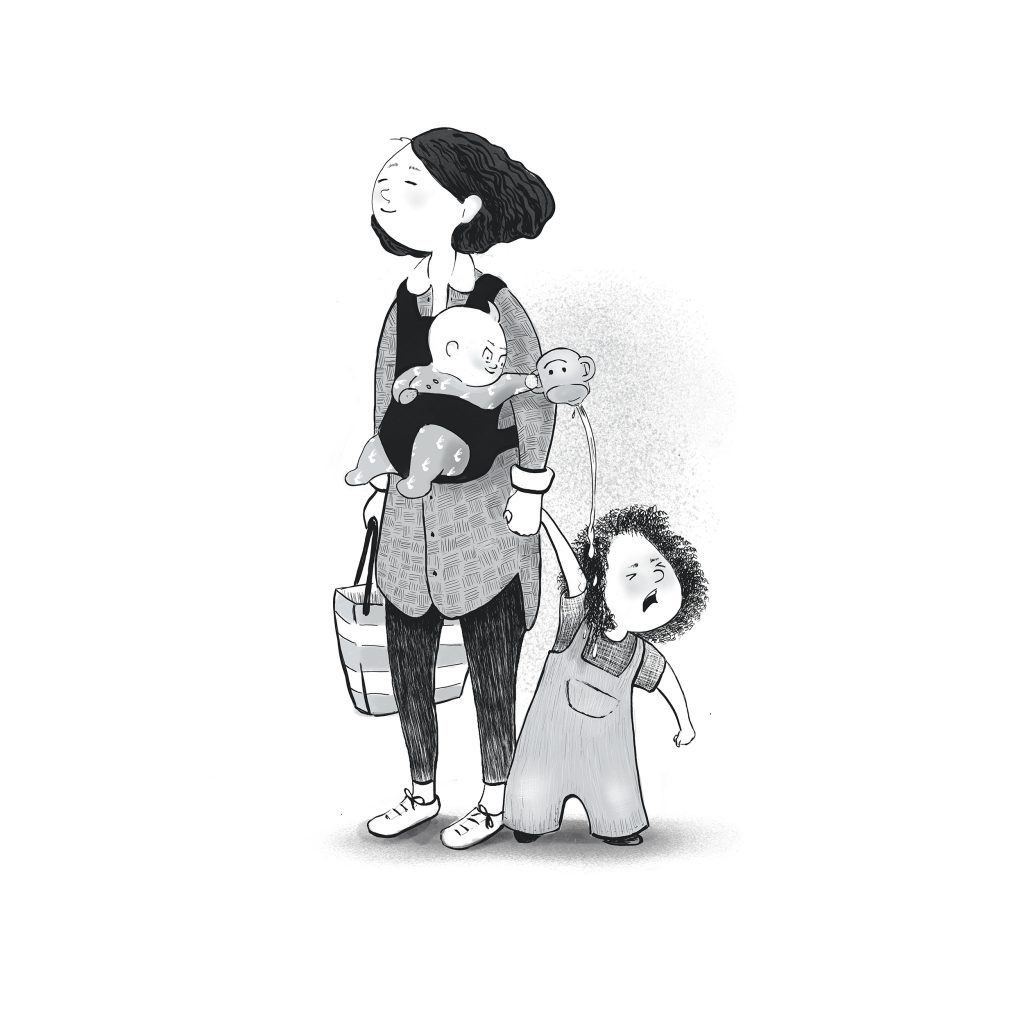 Illustration of mother and two small children