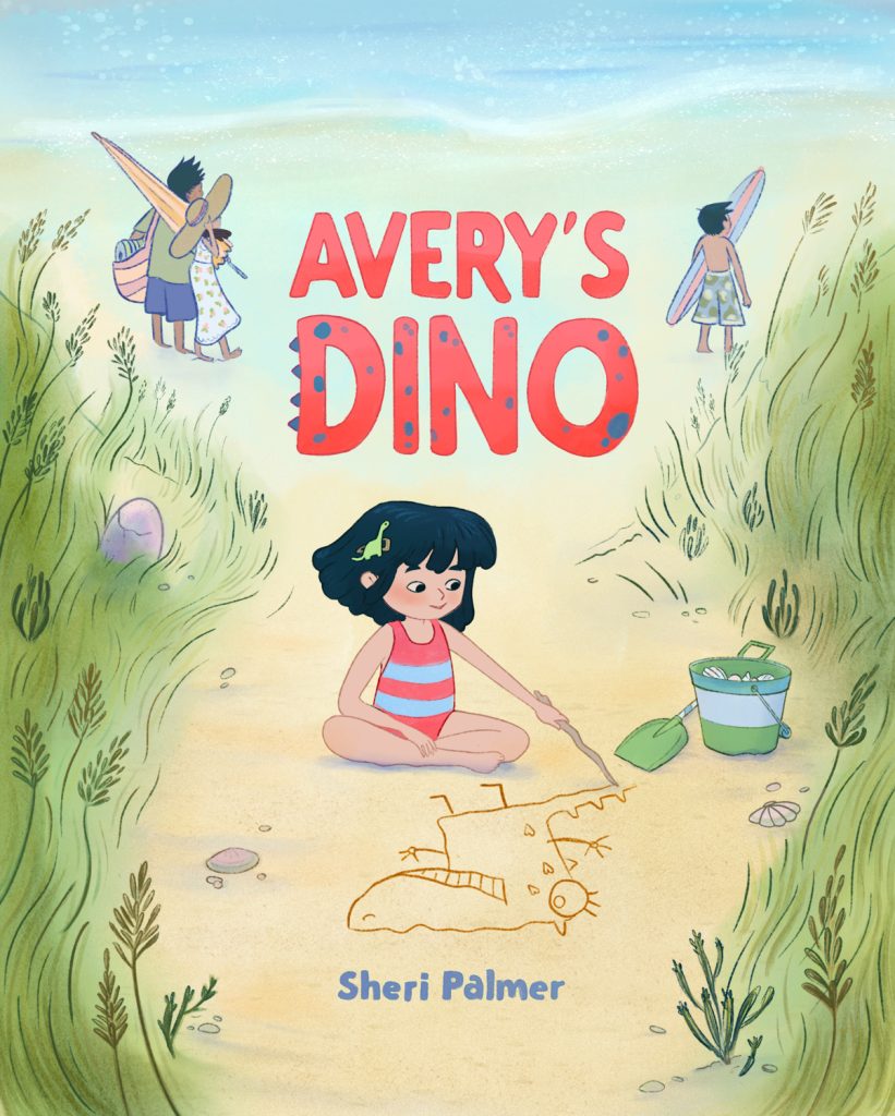 Book Cover Design: Avery's Dino by Sheri Palmer. A girl sits on the beach drawing a dinosaur in the sand while her family eplore the beach in the background.