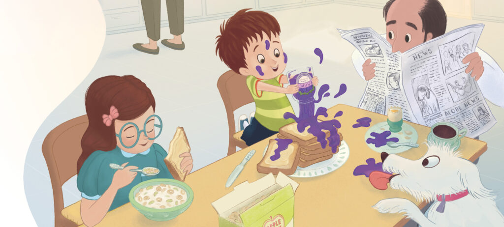 Illustration of a chaotic family breakfast.