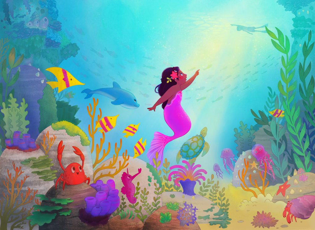 Illustration of a mermaid and sea creatures looking at a boy snorkeling overhead.
