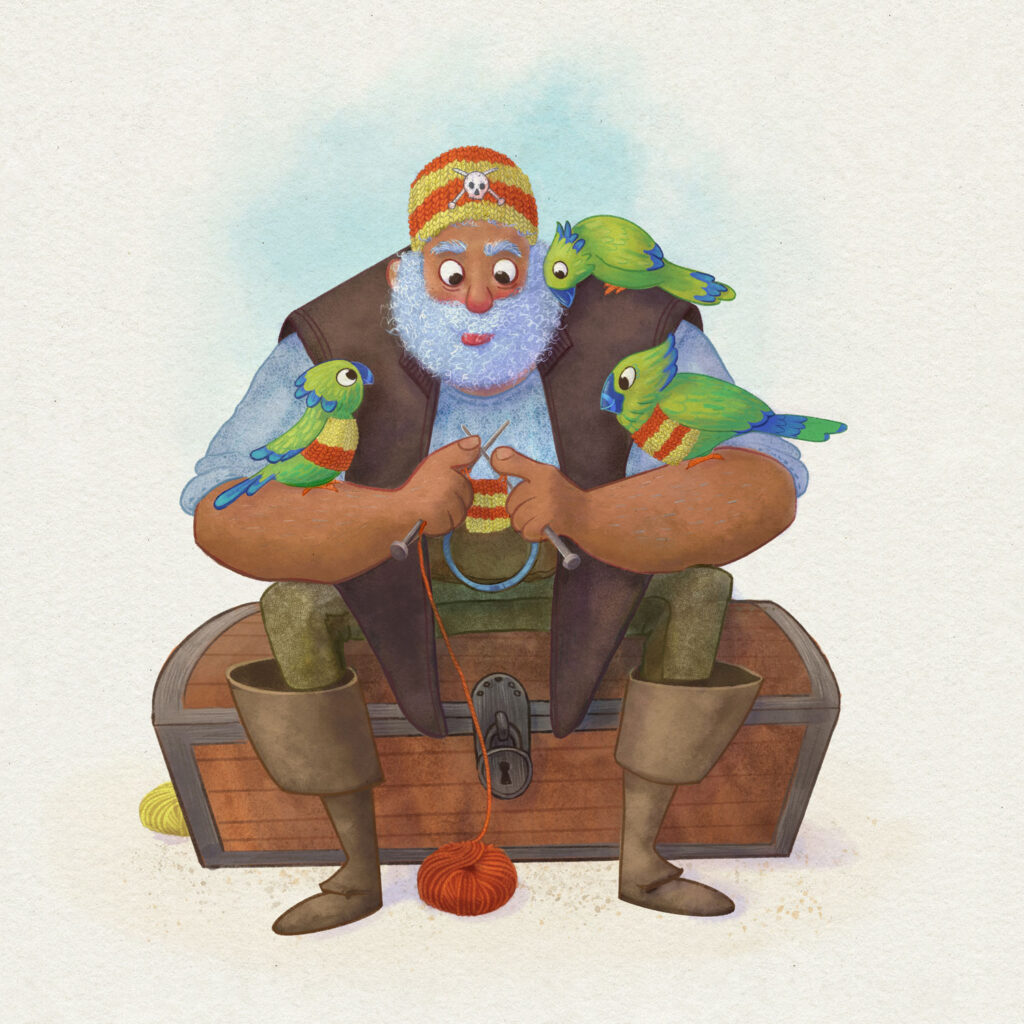 Illustration of a pirate knitting a jumper for one of his three parrots.