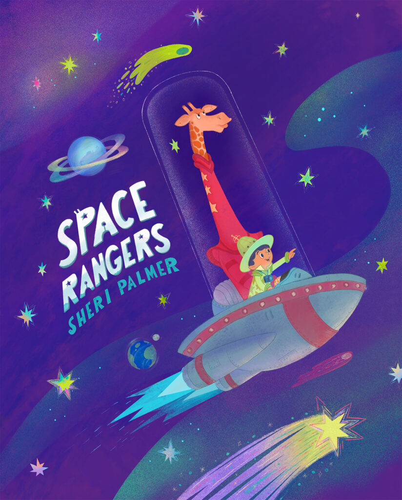 A boy and giraffe flying in a space ship through a colorful galaxy.