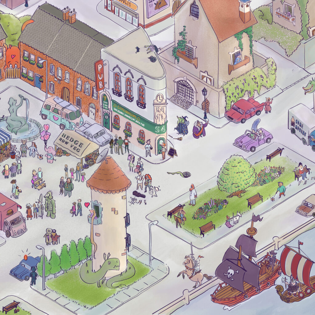 Isometric drawing of a city with creatures