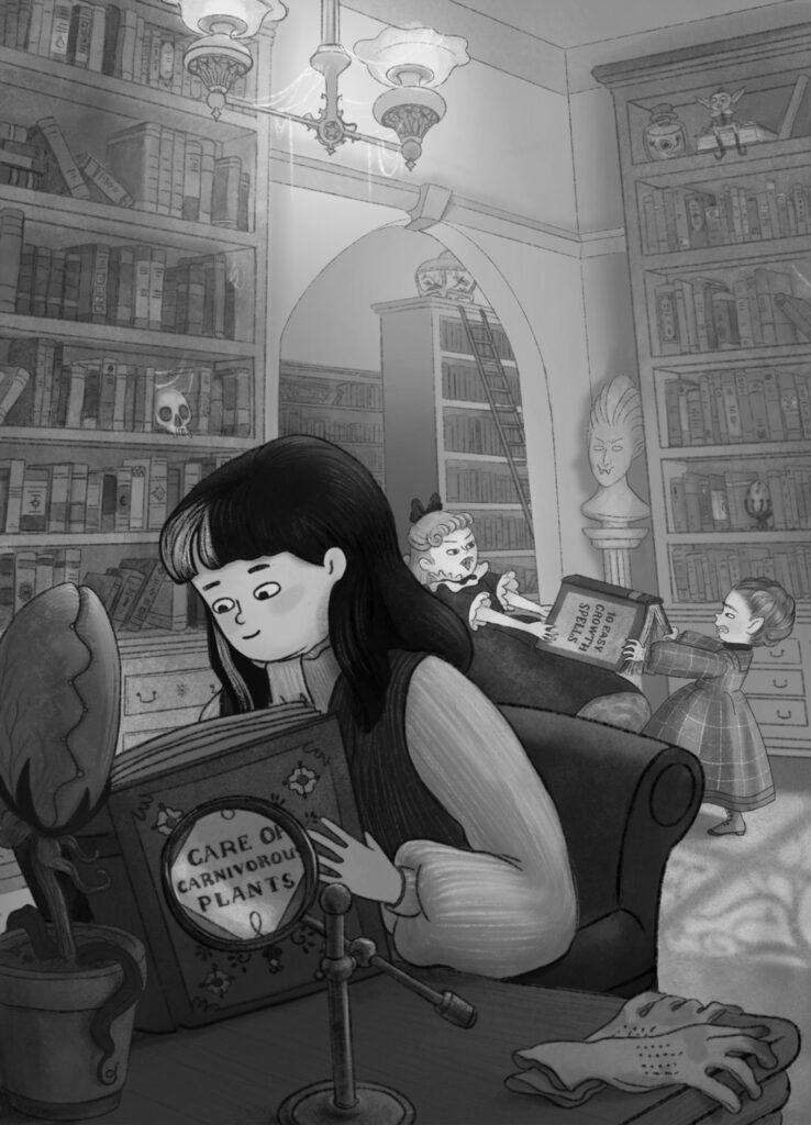 A teenage girl sits in a spooky Victorian library reading a book on care of carnivorous plants. While a young vampire and werewolf struggle for possession of a spell book in the background. 