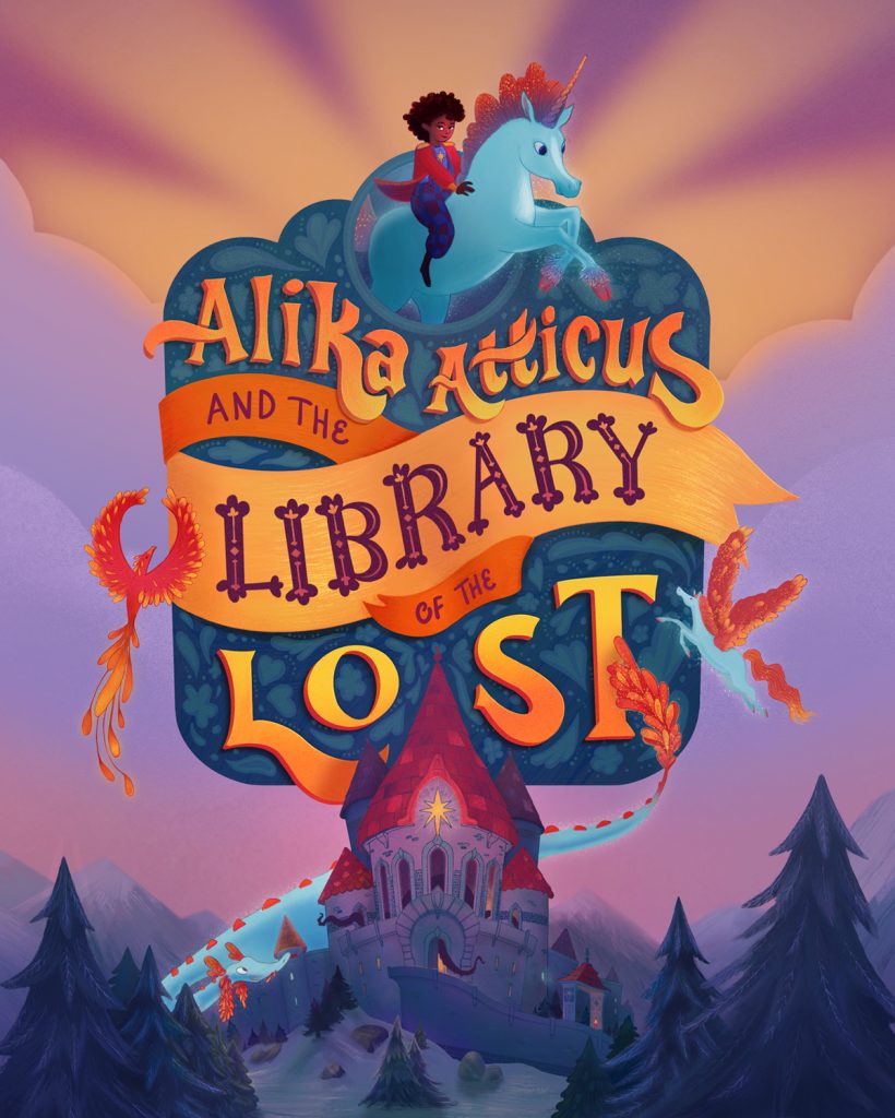 Alika Atticius and the Library of the Lost - Mountain top library surrounded by the spirits of mythical creatures including a young librarian on the back of a unicorn.