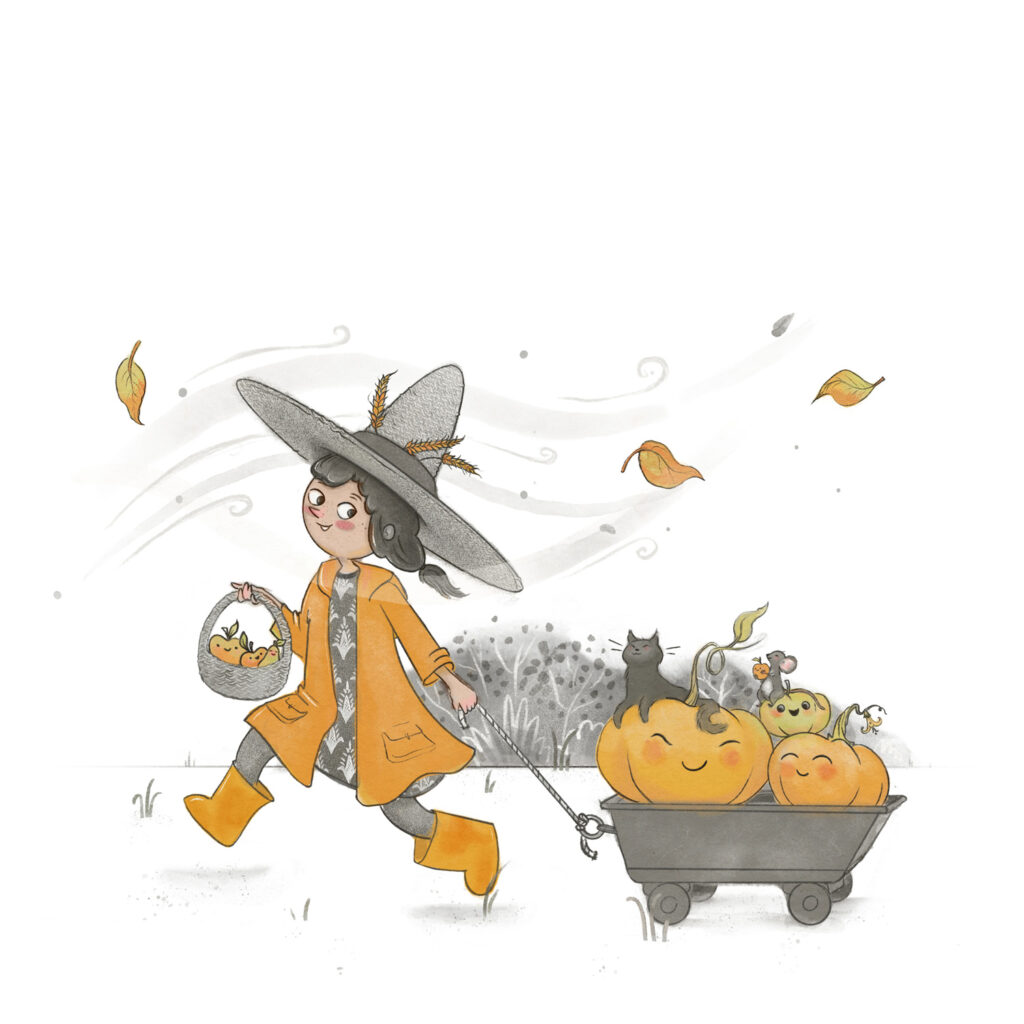 Limited palette Illustration - Little with and some happy pumpkins