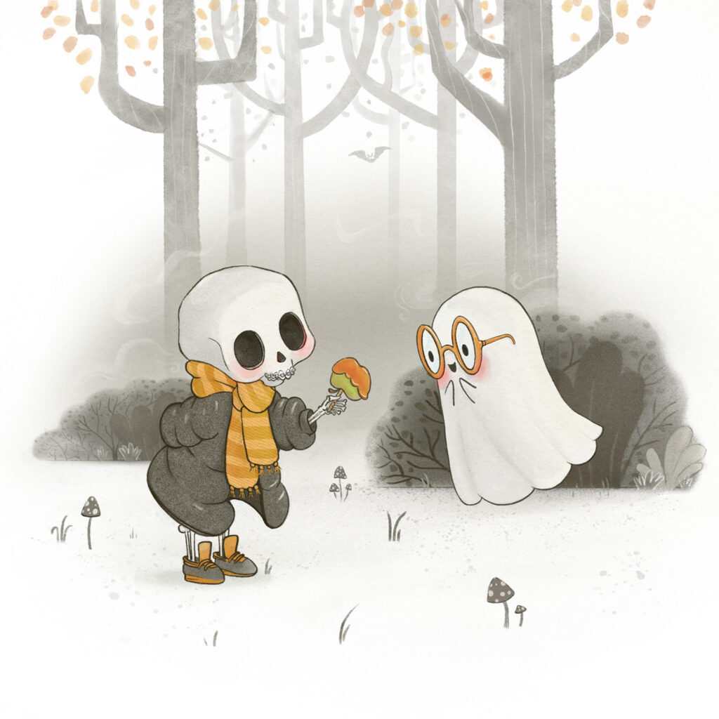 I only have eye sockets for boo - cute Halloween illustration of a skeleton giving a ghost a toffee apple