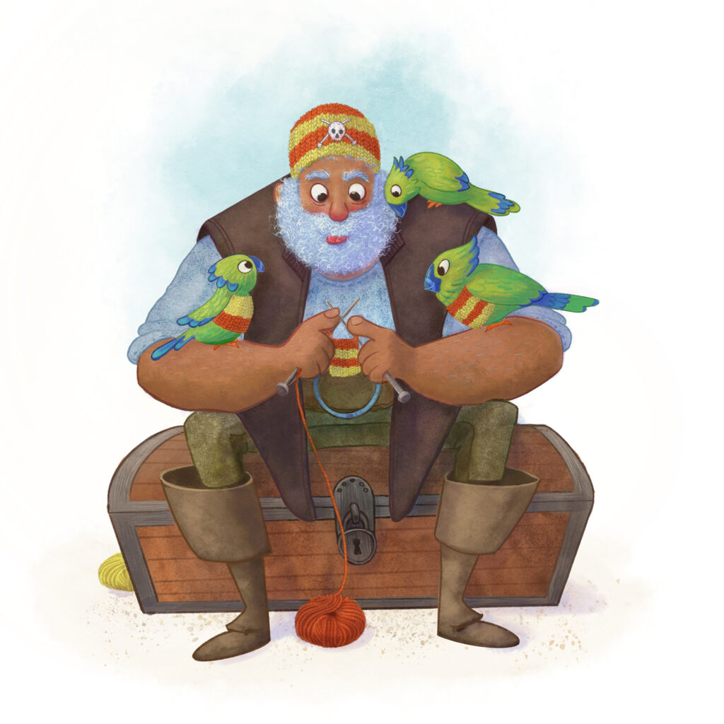 Illustration of a pirate knitting a jumper for one of his three parrots.