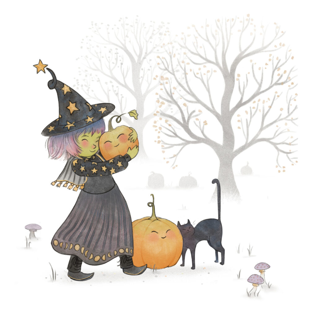 Little witch and cat in a pumpkin patch