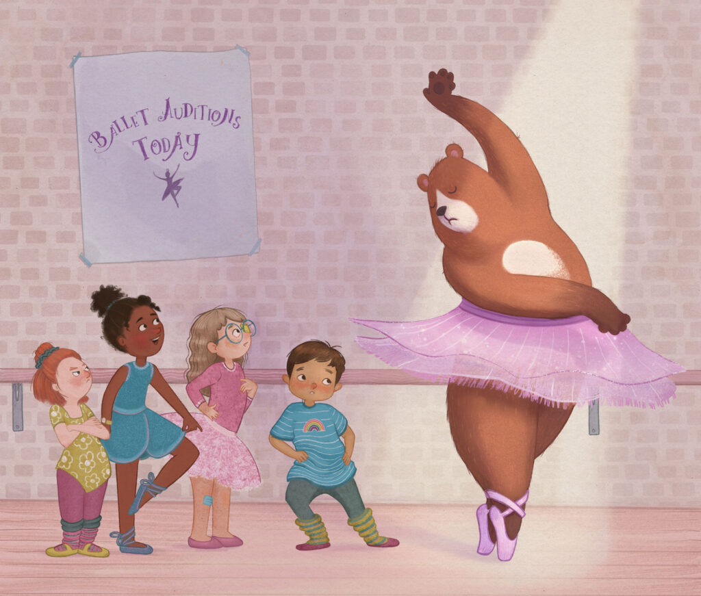 Illustration of a large bear at a kids ballet audition
