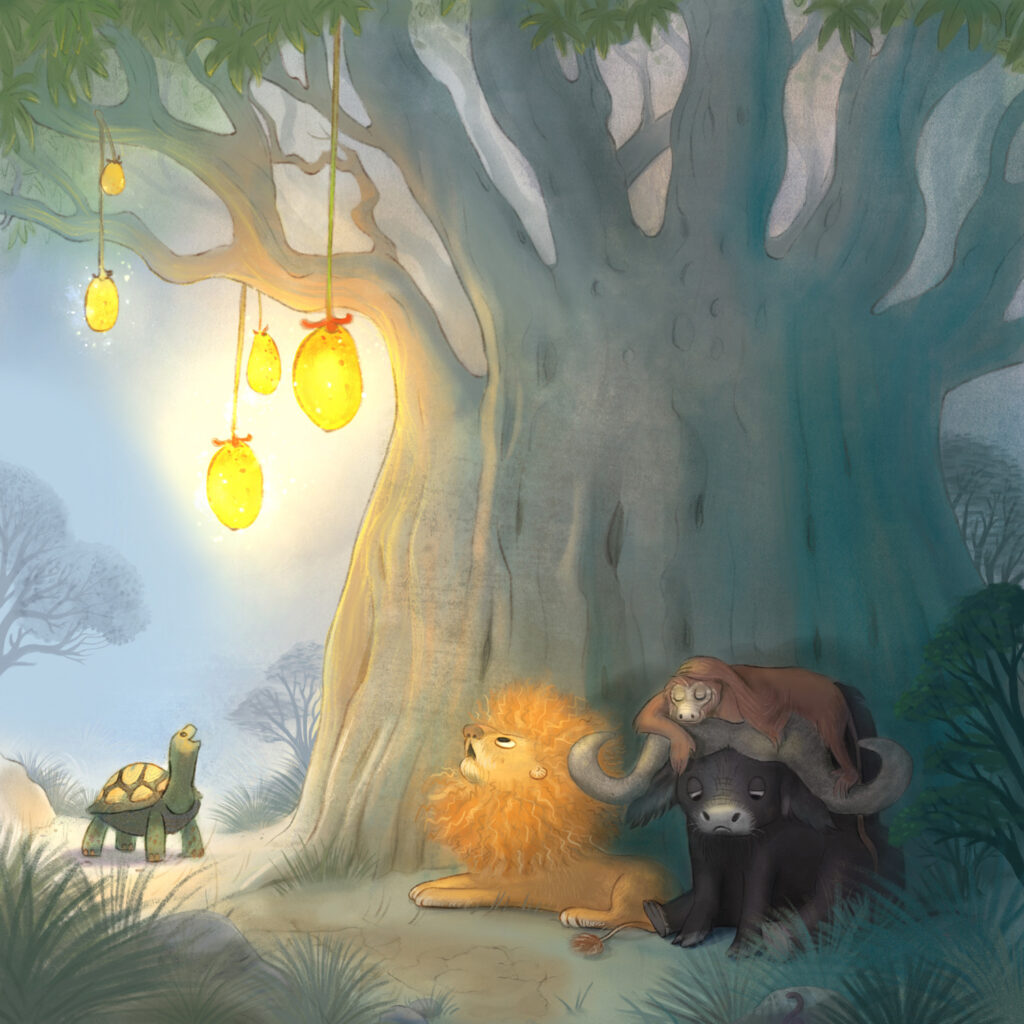 Atmospheric illustration of a tortoise, lion. buffalo and monkey sitting under a magic tree.