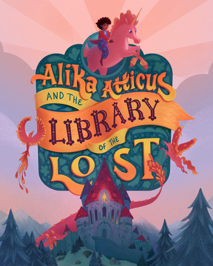 Alika Atticius and the Library of the Lost - Mountain top library surrounded by mythical creatures including a young librarian on the back of a unicorn.