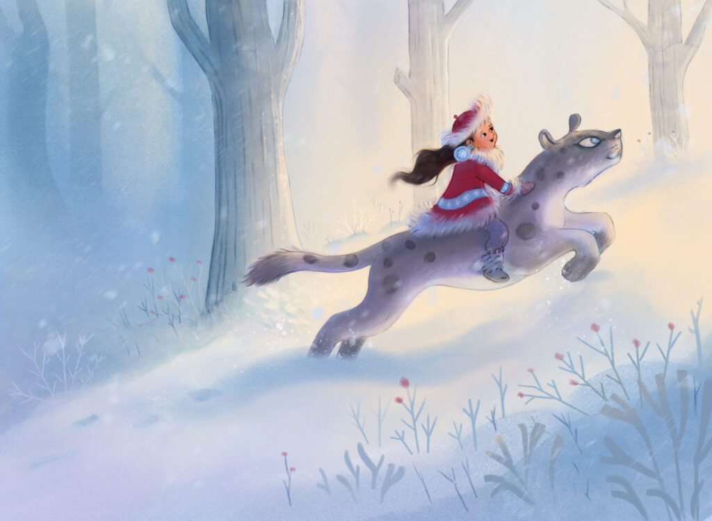 A girl riding on the back of a snow leopard, through a snow covered forest.