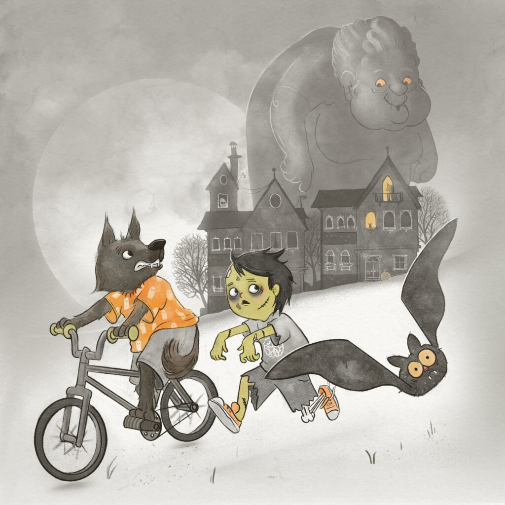 Werewolf on a bike, a zombie and a vampire bat fleeing Granzilla monster.