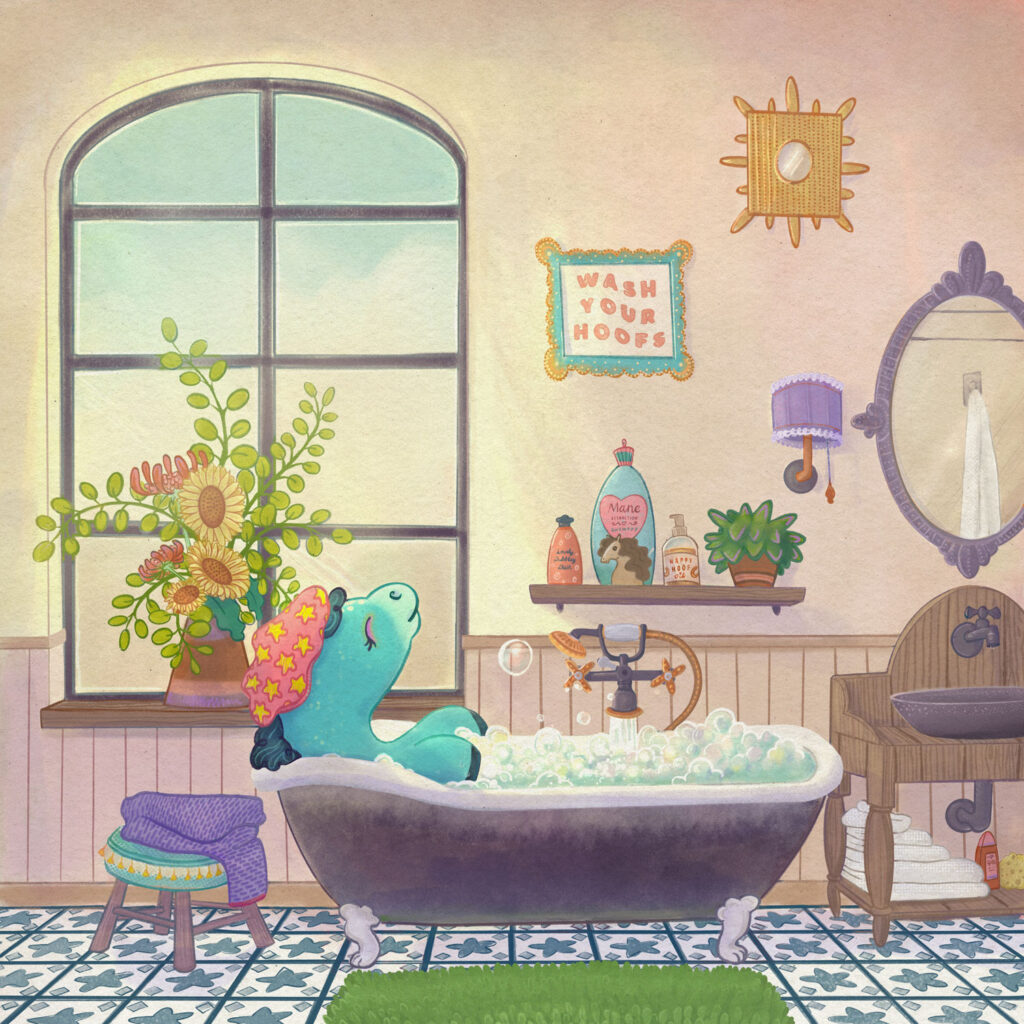 Illustration of a pony having a relaxing bubble bath in a vintage bathroom